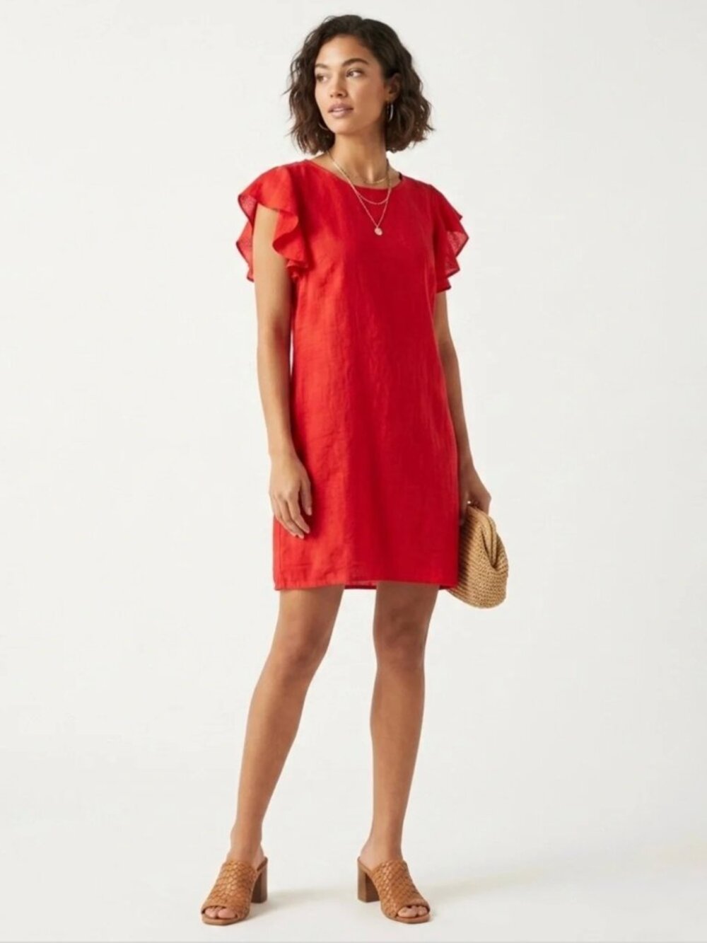 Lungo L'Arno Italian Linen Red Ruffled Sleeve Sun Dress Women's size L